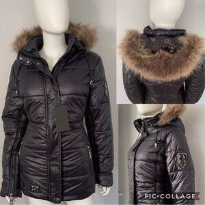 NWT Women Puffer Jacket Real‎ Fur Trimmed Hood Navy Coat